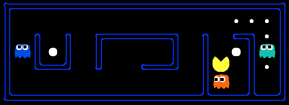 ID: A wide screen with Pacman at the right, directly adjacent to a ghost. A second ghost is very close by, and a third is far away from him on the left. A single large food pellet is diagonal to him.