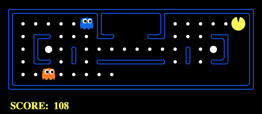 ID: A wide screen with Pacman at the far right, near some food pellets. There are two ghosts far away from him on the left.