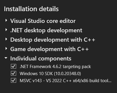 List of components needed to be installed
